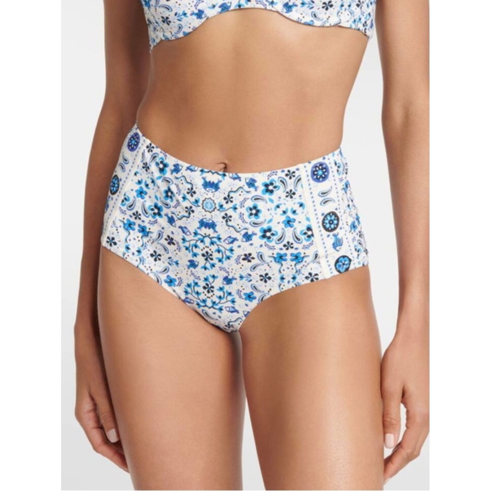 Tory Burch Pisces Dream High Waist Bikini Bottom Blue Ivory XS Swimwear
